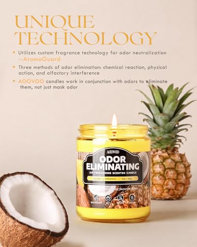 Image of AOOVOO Coconut Pineapple Odor Eliminating Highly Fragranced Candle - Eliminates 95% of Pet, Smoke, Food, and Other Smells Quickly, Air Freshing Soy Candle, 9 oz Up to 50 Hours Burn time