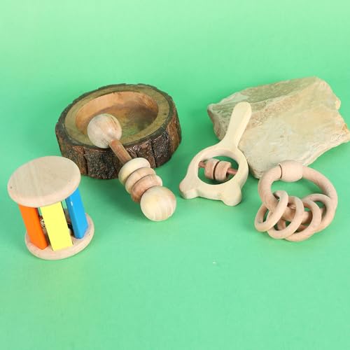 Image of Babbles Wooden Rattle Set for Babies 0-6 Months | 6-12 Months, Baby Toys for Sensory Development, Newborn Baby Gift Set (Ring+Dumbbell+Rolling+Micky Head)
