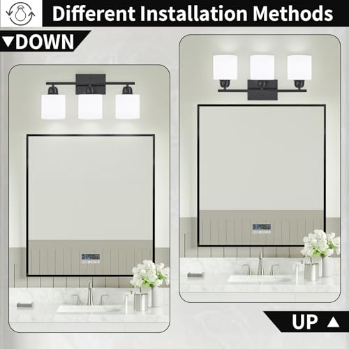 Image of 3-Light Bathroom Light Fixtures, Black Bathroom Vanity Lights with Milky White Frosted Glass Shades, Black Vanity Light for Bathroom Mirror, Bedroom, Living Room, Vanity Table, E26 Base