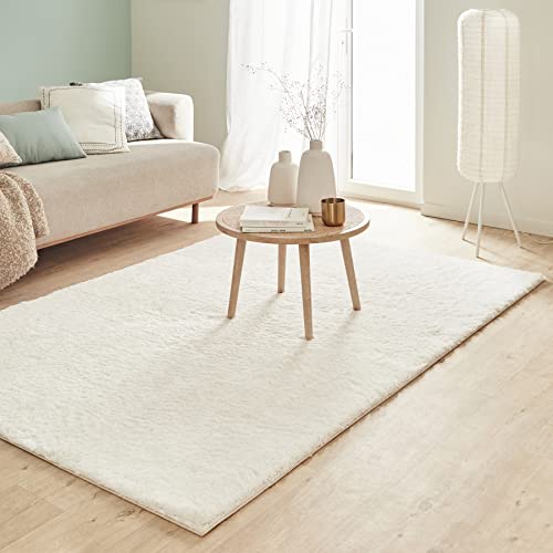 Nazar Tapis Cosy Uni Shaggy Moelleux, Salon, Chambre, Doux à Poils Longs (120x160 cm, Blanc)