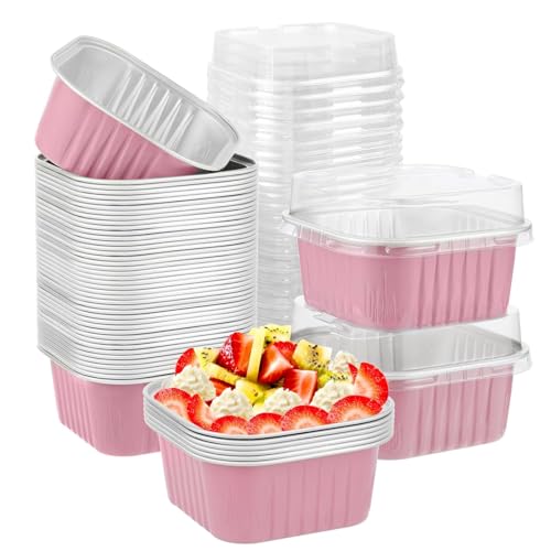 PISTISJACK 50 pezzi stampini per muffin mini bicchieri da dessert, stampi da forno quadrati in foglio di alluminio con coperchio, stampo per torte, accessori per buffet per pane muffin cheesecake