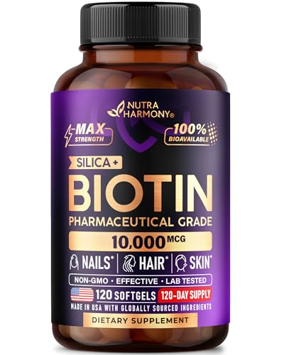Biotin 10000mcg with Silicon - Pharmaceutical Grade Biotin Supplement for Women - Hair Growth Support, Skin & Nails - Max Strength & 100% Bioavailability - Made in USA - 120 Softgels, 120 Days Supply