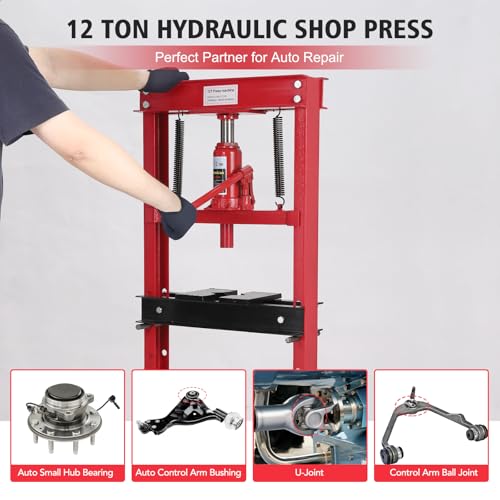 Image of 12 T Hydraulic Shop Press, H-Frame Heavy Duty Garage Floor Shop Press Tool with Plates, Adjustable Working Table Height to Bend, Straighten, Or Press Parts, Red
