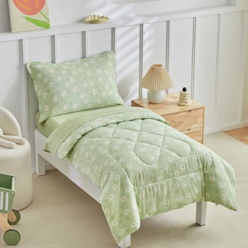 Image of DuShow Green Floral Toddler Bedding Set,4 Pieces Toddler Crib Bed Sheet Set for Girls and Boys,Soft Toddler Comforter Set Includes Comforter,Flat Sheet,Fitted Sheet,Pillowcase