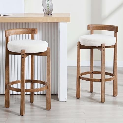 Image of CIMOTA 30 inch Bar Height Stools Set of 4 | Mid Century Modern Low Back Bar Chairs with Solid Wood Legs & Linen Upholstered Seat, High Bar Stools for Kitchen & Pub, Beige