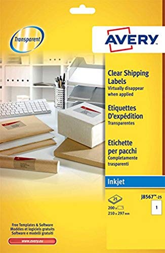 Avery España J8567-25 - Pack de 25 folios de etiquetas transparentes, 210 x 297 mm, transparente Cover
