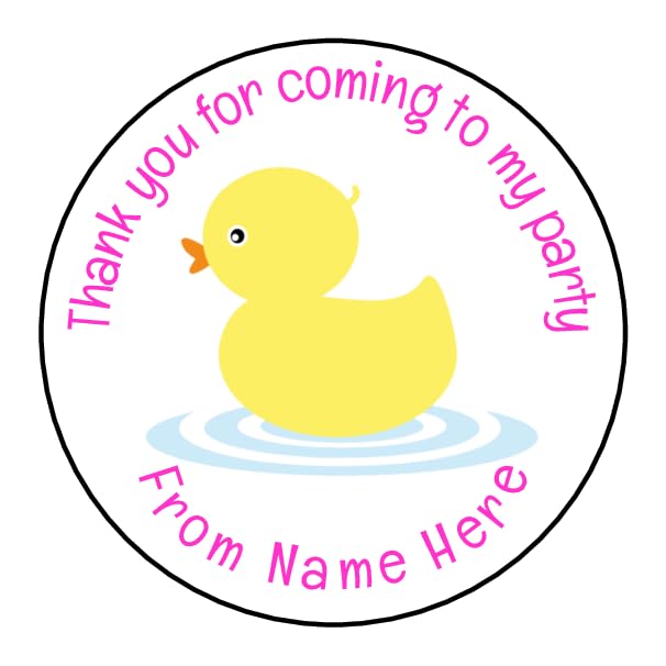 Personalised Pink Rubber Duck Party Stickers Thank You for Coming to My Party Sweet Cone (Gloss, 35 Stickers - 37mm Round)