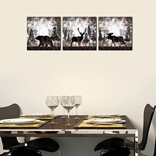 Homeoart Bear Elk Moose Canvas Wall Art Animal In Forest Rustic Decor Picture Framed Canvas Print Farmhouse Cabin Lodge Home Wall Decor 12"X12"X3 Pieces #TOP2