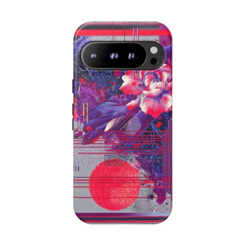 Coque rigide mate Google Pixel 9 Pro violet design géométrie florale et accents néon