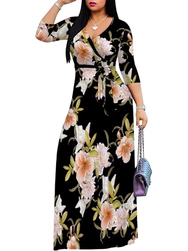 Image of SUZONANA Plus Size Dresses for Women Floral Print Maxi Dress Flowy 3 /4 Sleeve with Belt