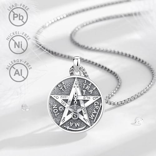 EUDORA Sterling Silver Tetragrammaton Necklace Ring for Women Men, Pentagram Amulet Energy Pendant Star of David Vintage Guardian Star Wicca Jewelry, Mother's Day Father's Day Gift for Husband Wife2