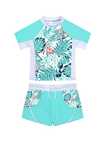 Yartina Kids Girls Rash Guard Swimsuit 2Pcs Sets Floral Print Short Sleeve Shirt with Booty Shorts Tankini