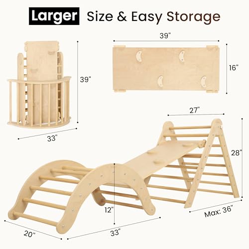 Image of Belleur 7-in-1 Climbing Toys for Toddlers 1-3 Years Old, Foldable Wooden Pikler Triangle Set Indoor, Montessori Climbing Set with Arch, Ramp & Ladder - Natural
