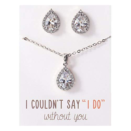 A+O Wedding Jewelry Set, Tear Drop Necklace and Clip on Earrings Set in Silver
