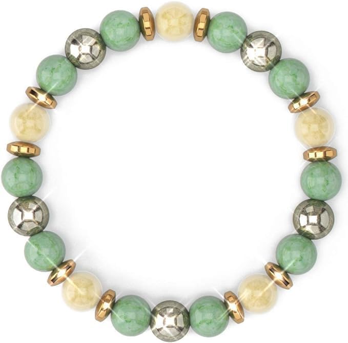 Wealth Crystal Healing Bracelet, 4 Gemstones with Citrine, Aventurine, Pyrite, Hematite, 7.8 inch