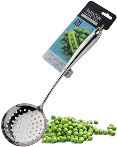 Sabatier Professional Large Metal Skimmer - Mirror Polished Stainless Steel Cooking Spoon for Draining Frying Oil, Serving Boiled Veg Or Pasta. Strong Construction. 25 Year Guarantee, Dishwasher Safe
