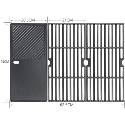 GFTIME 43 x 63cm Gusseisen Grillrost Grillplatte für Enders Boston 3, Monroe Pro 3, für Charbroil, Barbecook Siesta 310, für Broilking Sovereign, Landmann Triton 3 4, Gussrost Grillersatzteile