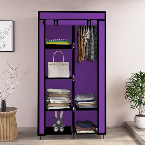 Image of Maison & Cuisine Collapsible Wardrobe Clothes Almira, 1 Hanging Space, 6 Shelves, 1 Side Pocket (Non-Woven Fabric, 76x38x145cm) (Purple)