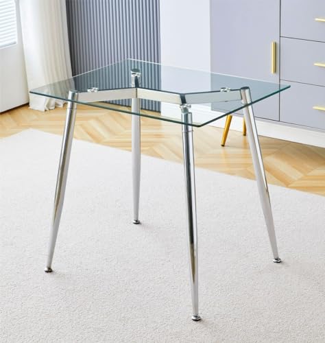 Hallowood Furniture Table rectangulaire en verre avec pieds en métal chromé, table de salle à manger compacte, table de cuisine pour la maison, les...
