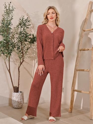 Kikibell Ladies Pajamas Button Up Loungewear Matching Lounge Sets for Women Sleepwear Pants Set Brick Red M