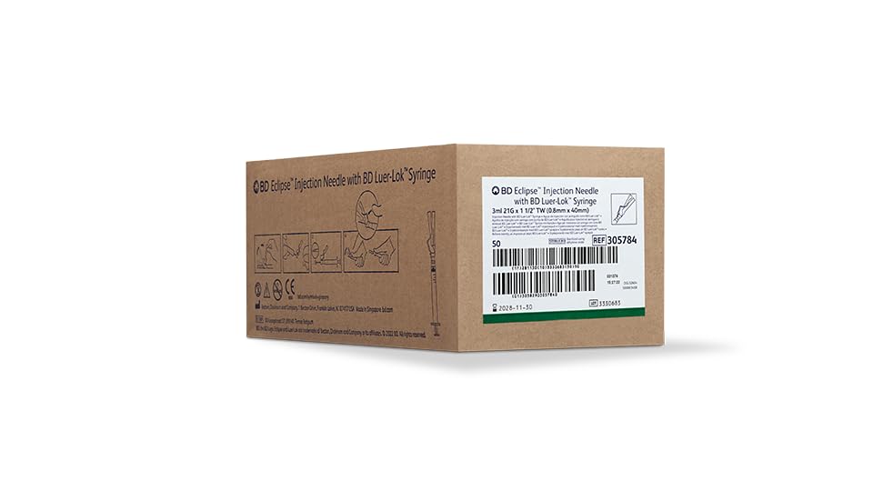 BD Eclipse Needle, 21 G x 1 1/2 in. with detachable 3 mL BD Luer-Lok Syringe, #305784, (50 Count)