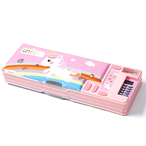 Image of Pop Up Multifunction Pencil Case, Cute Cartoon Pen Box Organizer Stationery with Calculators, Sharpener, Schedule, School Supplies, Best Birthday Gifts for Kids Teens (Pink)