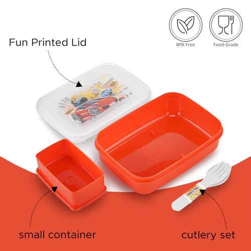 Image of Nayasa Ninja 2 Compartment BPA-Free Plastic Lunch Box for Kids Boys | Cars Print | Leak Proof Push Lock | Red