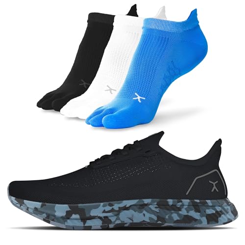 FLUX FOOTWEAR Adapt Bundle – Zero-Drop Running Shoes with Knit Upper & UltraFlex Midsole + 3-Pack Small No-Show Toe Socks – Lightweight, Breathable, and Versatile – Black Camo - W8.5/M7
