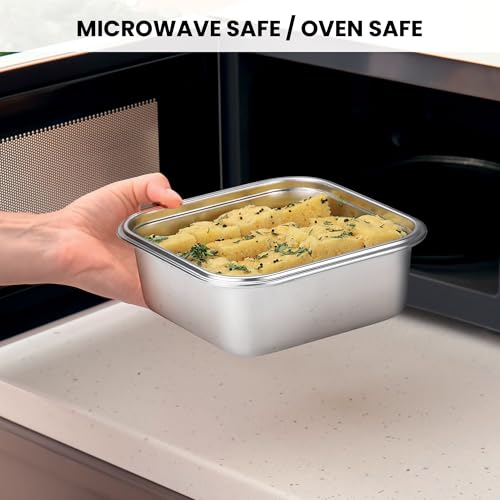 Image of MILTON Modulo Steel Rectangular Container with lock lid, Set of 3 (600,1200 & 2200 ml)|Airtight & Leakproof|Microwave & Oven safe| Light Weight | School, Office or Picnic use, Silver