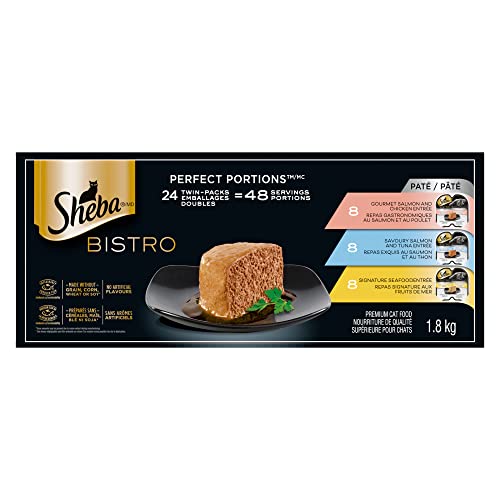 SHEBA Bistro Perfect PORTIONS Cat Food Wet Adult, Paté Gourmet Salmon & Chicken, Savoury Salmon & Tuna and Signature Seafood Entrée Variety Pack, (24) 75g Trays image 5