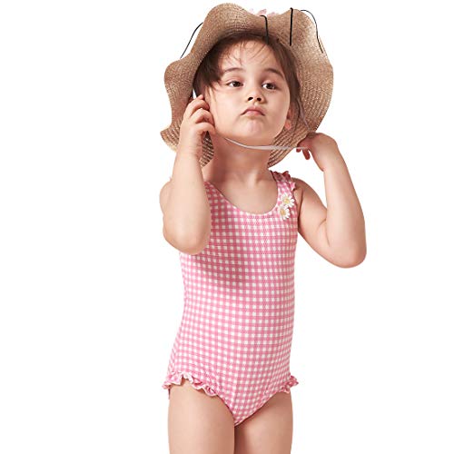 Julysand Toddler Girls One Piece Skirt Swimsuit Pink and White Striped 3D Flower Ruffled Swimwear Dress