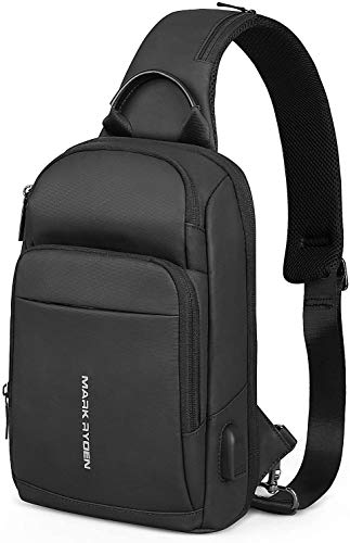 MARK RYDEN Sling Bag Herren Brusttasche, Anti-Diebstahl Brusttasche mit USB-Ladeanschluss, 9.7 Zoll iPad Umhängetasche Wasserdicht für Reisen und Wandern, Schwarz, S, Schwarz, S, Lässig