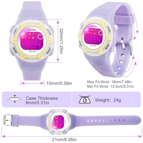 Edillas Kids Watches Digital Girls Boys, 7 Colors Light Waterproof Sport Outdoor Multifunctional Wristwatch for Child with Stopwatch/Alarm for Ages 4-154