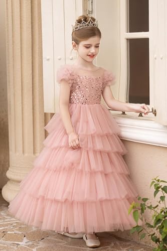 Sequin Flower Girl Dresses for Wedding Puffy Sleeves Princess Pageant Party Dress Layered Puffy Dress for Girls3