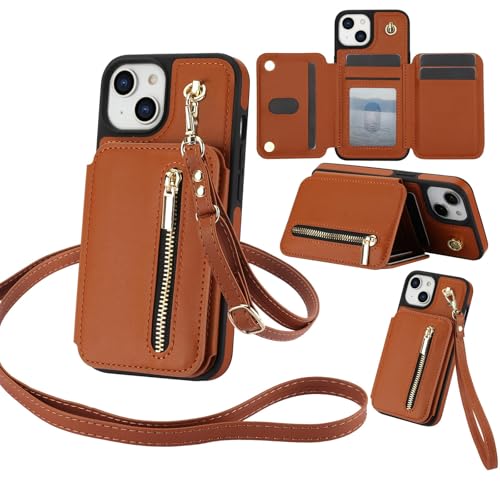 Étui portefeuille iPhone 15 Plus en cuir marron avec porte-carte et béquille