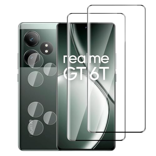 Jinshiweikai 4 Piezas: 2 x Protector Pantalla para Realme GT 6T y 2 x Protector de Lente de cámara, 3D Cobertura Completa, Dureza 9H Antiarrayazos, HD Ultraclaro
