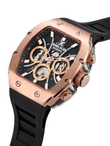 Image of Daniel Klein Analog Black Tonneau Dial Rose Gold Case Black Silicone Strap Chronograph Water-Resistant Wrist Watch for Men Boys DK.1.13638-6