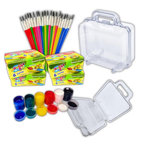 Maletinha Acrilica Cristal + 1 Cx de Tinta Guache + 20 Pinceis Kit Pintura Infantil Menina Menino Presente Para Criança Desenhar Pintar