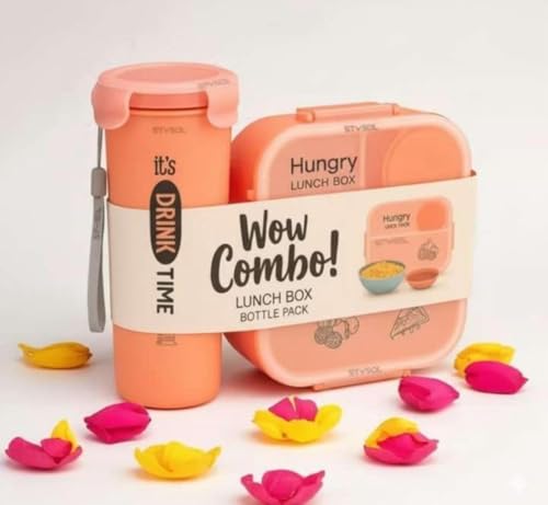 Image of Hungry Lunch Box with Water Bottle | Leakproof 3 Compartment Tiffin Box with Spoon, Fork & Sauce Container | BPA Free Food Grade Plastic | Microwave & Dishwasher Safe Lunch Box for School (Peach)