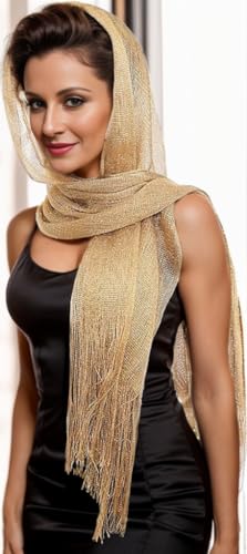 Women's Two Tone Modern Metallic Fishnet Acrylic Party Shawl Fringe Lurex Scarf2