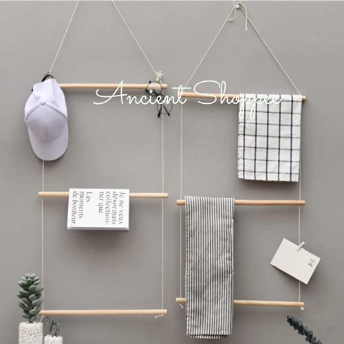 Image of Wooden Wall Clothes Hanger Wood Rope Ladder Display Shelf Doll-Mounted Stand 3 Layer Clothes Storage Rack Clothes Stand Wall Decoration