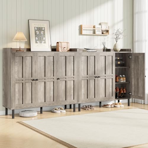 Image of ONBRILL Shoe Cabinet with 3 Doors and Adjustable Shelves, 30 Pairs Shoe Storage Cabinet, 40 Inch Tall Farmhouse Shoe Rack Shoe Organizer Cabinet for Entryway Living Room Closet, Gray Wash