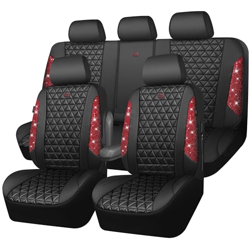 CAR PASS Bling Diamond Black Red Leather Car Seat Covers Full Set, Waterproof Shining Glitter Sparkly Crystal Universal Armrest Fit Automotive Truck SUV Women Girl, Rhinestone Interior Cover Set, Red