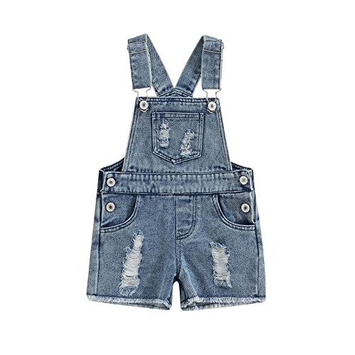 Rarjuiey Toddler Baby Girl Denim Ripped Overalls Outfit Summer Casual Suspender Pocket Shorts Romper Jumpsuit (Denim Overalls Jumpsuit,4-5T)