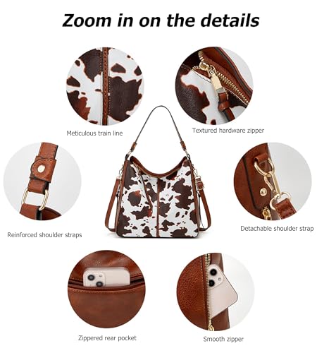 KingTo Women's 3pcs Cow Print Tote Handbag Set Soft Leather Crossbody Shouler Bag Purse with Wallet4