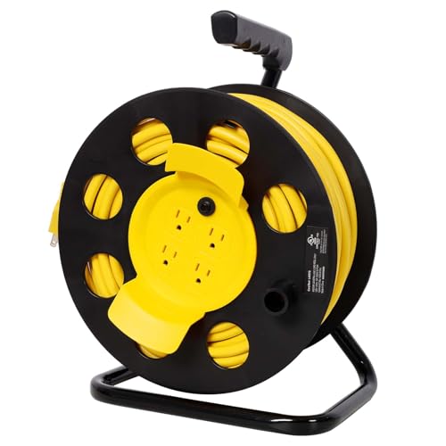 100ft Roll Up Retractable Extension Cord Reel 12AWG SJTW Electic Power Cord Reel with 4 Outlets Circuit Breaker/Portable Handle/Dust Cover UL Listed