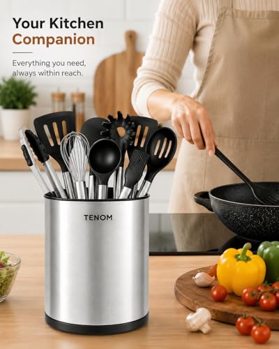 Image of TENOM Stainless Steel Spoon Holder Stand for Kitchen, Cutlery & Utensil Organizer with Drainage, Spoon, Ladle & Spatula Holder