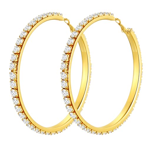 FindChic Sparkly Hoop Earrings for Women Stainless Steel/Gold Plated/Black Hoops with Cubic Zirconia Inlaid Hypoallegenic Jewelry 40mm/60mm/80mm Width, with Gift Box Dia. 60mm/2.36inches 1.