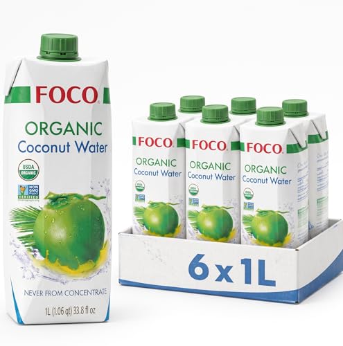 FOCO Coconut Water 33.8 Fl Oz, Pack of 6, Certified Organic, NON-GMO, Never from Concentrate, No Sugar