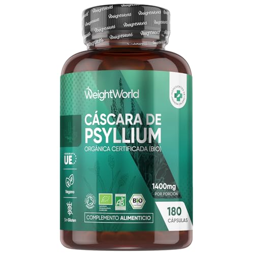 Cáscara de Psyllium Husk 1400 mg - 180 Cápsulas de Pisilio Orgánico Puro - Fibra de Plantago Ovata, Vegano, Sin Gluten, Sin Lactosa y Keto para 3 Meses de Suministro